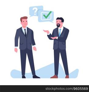Businessman giving advice to another man. Office people communication. Employee answering question. Speech bubbles. Workers conversation. Colleagues professional support. Talking guys. Vector concept. Businessman giving advice to another man. Office people communication. Employee answering question. Workers conversation. Colleagues professional support. Talking guys. Vector concept