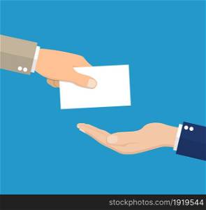 Businessman giving business card. Vector illustration in flat style. Businessman giving business card
