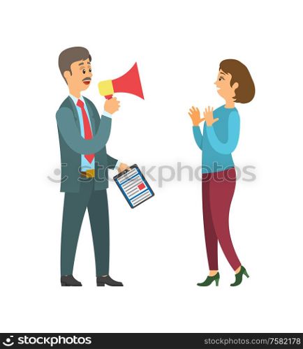 Businessman giving order to employee vector, man using megaphone. Woman listening to boss, person with clipboard and tasks on paper, speaking employer. Boss Employee Listening to Businessman with Task