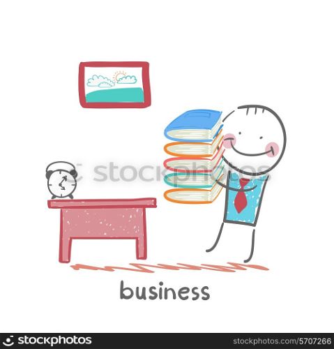 businessman goes to his workplace with a stack of books