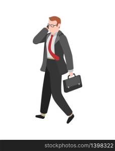 Businessman goes to work. Manager working with phone vector cartoon busy character. Businessman goes to work. Manager working with phone vector cartoon character