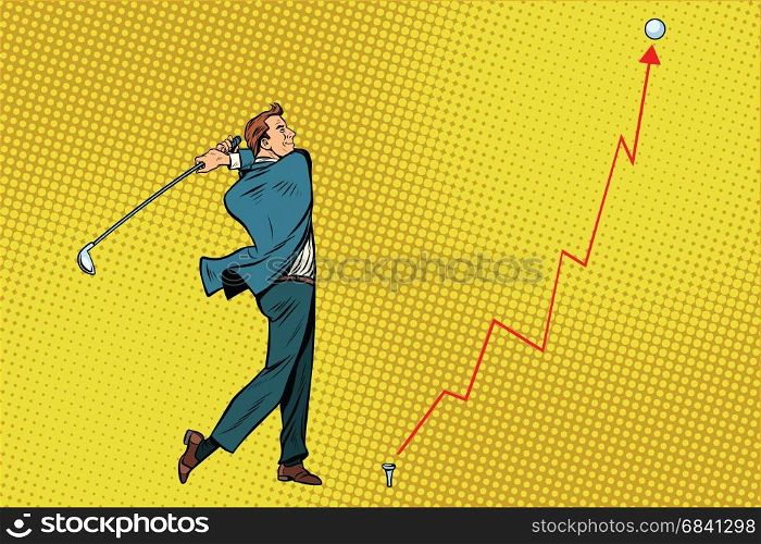 Businessman Golf shot, profit graph. Pop art retro vector illustration. Businessman Golf shot, profit graph