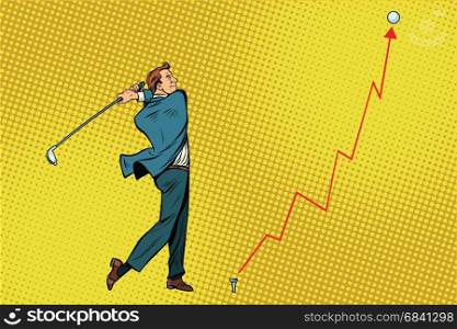 Businessman Golf shot, profit graph. Pop art retro vector illustration. Businessman Golf shot, profit graph