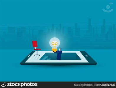 businessman got idea or light bulb by discovery on the tablet, business innovation ideas creative concept, flat design