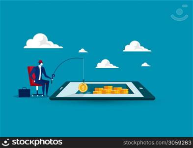 businessman got money bag by fishing on the tablet, business situation finding money concept, flat design Keywords