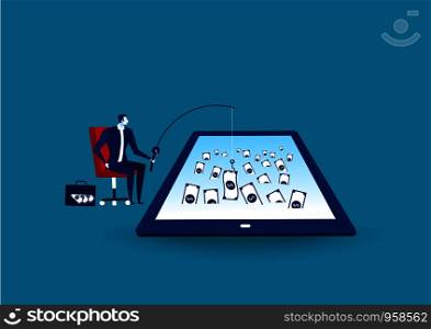 businessman got money bag by fishing on the tablet, business situation finding money concept, flat design