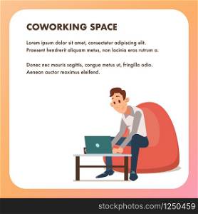 Businessman Guy Work by Laptop Bean Bag Chair. Young Office Worker Freelancer at Coworking Space. Male Student Freelance Character in Formal Suit Sit with Computer. Flat Cartoon Vector Illustration.. Businessman Guy Work by Laptop Bean Bag Chair