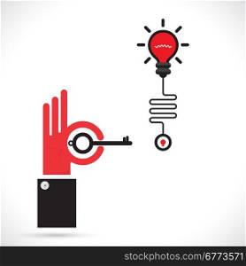 Businessman hand and key sign with creative light bulb symbol.Progression of idea concept. Business,education and industrial concept.Vector illustration