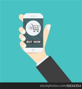 Businessman hand and online shopping website on smart phone.Online shopping application on smart phone.Advertising campaign symbol.Online shopping and e-commerce icon concept .Vector illustration
