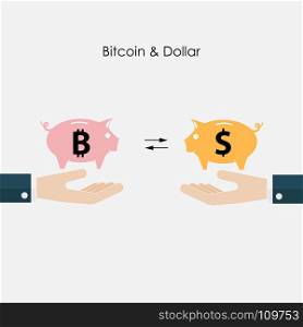 Businessman hand and piggy symbol.Dollar and Bitcoins exchange concept.Digital virtual electronic coins bitcoins concept.Capital investment sign.Bitcoin transaction.Vector concept people investing in bitcoin.Vector illustration