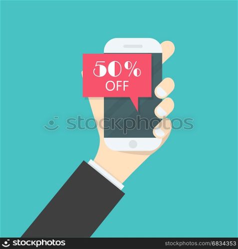 Businessman hand and smart phone icon with special offer sale red tag isolated symbol.Discount offer price label on smart phone.Advertising campaign symbol in retail,sale promo marketing,50% off discount sticker.Vector illustration