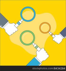 Businessman hand holding a magnifying glass. Concept of searching, detecting and analyzing. Vector design in thin line.