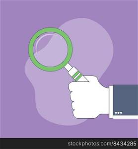 Businessman hand holding a magnifying glass. Vector design in thin line.