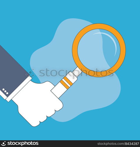 Businessman hand holding a magnifying glass. Vector design in thin line.