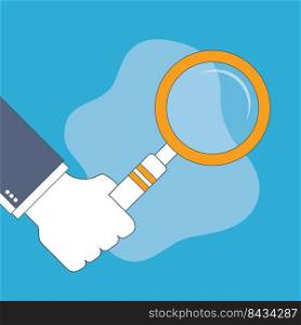 Businessman hand holding a magnifying glass. Vector design in thin line.