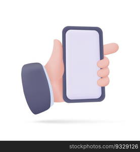 Businessman hand holding a phone. 3d illustration. Online business concept.