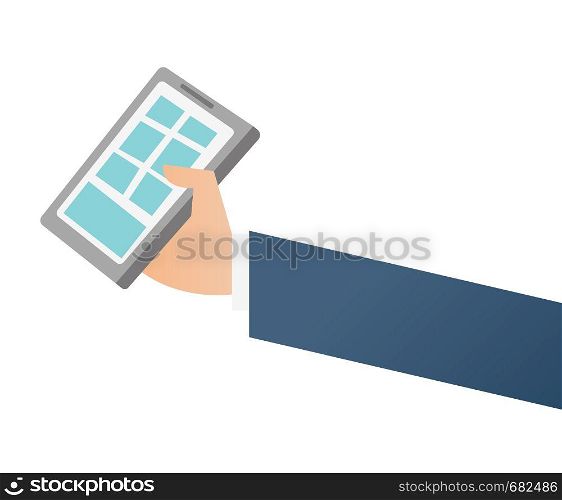Businessman hand holding a smartphone and tapping on touch screen vector cartoon illustration isolated on white background.. Businessman hand holding a smartphone.