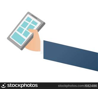 Businessman hand holding a smartphone and tapping on touch screen vector cartoon illustration isolated on white background.. Businessman hand holding a smartphone.