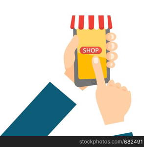 Businessman hand holding a smartphone with online mobile shopping application on a screen vector cartoon illustration isolated on white background.. Hand holding a smartphone with mobile shopping app