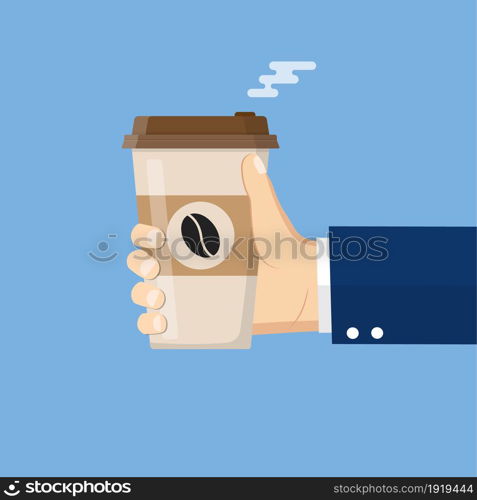 Businessman Hand Holding Hot Coffee Paper Cup. Takeaway Cup. Vector illustration in flat style. Businessman Hand Holding Hot Coffee