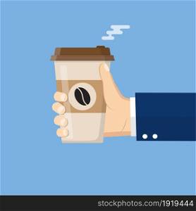 Businessman Hand Holding Hot Coffee Paper Cup. Takeaway Cup. Vector illustration in flat style. Businessman Hand Holding Hot Coffee