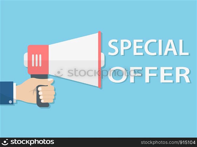 businessman hand holding megaphone with special offer, stock vector illustration