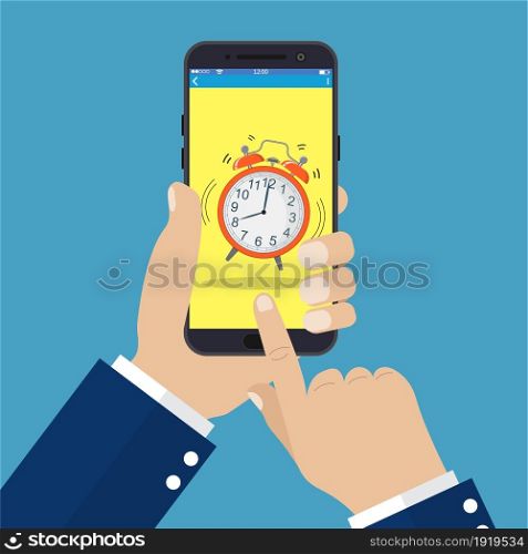 Businessman hand holding smartphone with alarm clock on screen. Vector illustration in flat style. Businessman hand holding smartphone