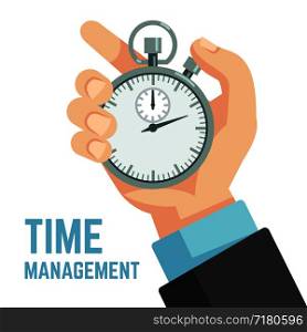 Businessman hand holding stopwatch or clock. Deadline, punctuality and time management business vector concept. Timer and punctuality, deadline stopwatch, productivity and optimization illustration. Businessman hand holding stopwatch or clock. Deadline, punctuality and time management business vector concept