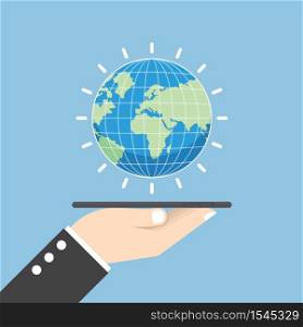 Businessman hand holding tablet with globe, social media, internet connectivity concept