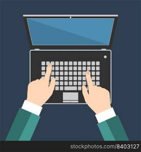 Businessman hand on laptop keyboard with blank screen monitor, Flat vector illustration, EPS10. Businessman hand on laptop keyboard