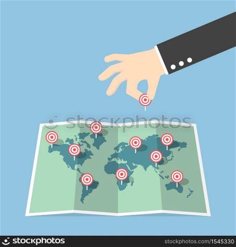 Businessman hand pin target to world map, VECTOR, EPS10