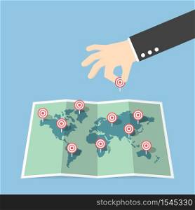 Businessman hand pin target to world map, VECTOR, EPS10