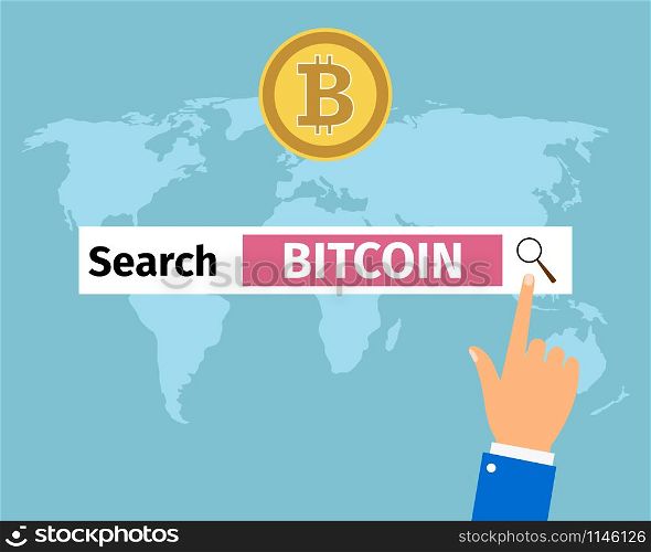 Businessman hand pressing internet browser and search bitcoin, vector illustration. Businessman hand search bitcoin in internet