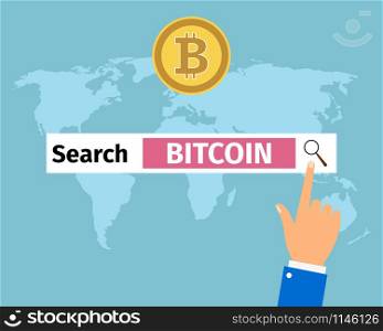 Businessman hand pressing internet browser and search bitcoin, vector illustration. Businessman hand search bitcoin in internet