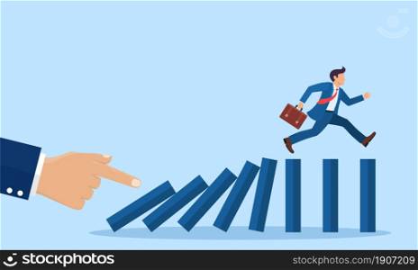 businessman hand pushing dominoes. businessman running on top of domino effect. Business crisis concept. Business metaphor. Failed business.Vector illustration in flat style.. domino effect. Chain reaction concept.