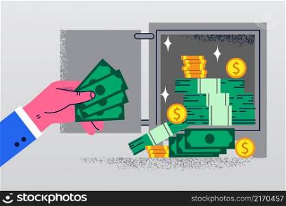 Businessman hand put banknotes in vault make saving for future. Male employee or worker keep cash in strongbox. Money safety and security. Investment concept. Flat vector illustration. . Businessman put banknotes in vault