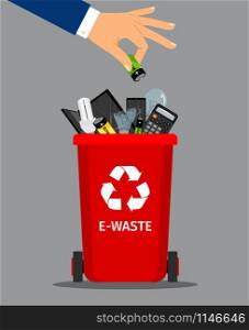 Businessman hand put battery in office trash recycle bin for garbage, vector illustration. Businessman hand put battery in trash