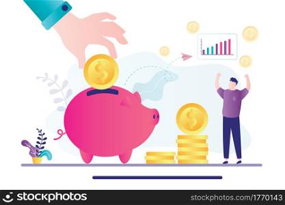 Businessman hand puts gold coin in pig piggy bank. Happy man investor with big profit. Investing and accumulating funds. Profit from bank deposits. Maintaining, increasing capital. Vector illustration. Businessman hand puts gold coin in pig piggy bank. Happy man investor with big profit. Investing and accumulating funds.