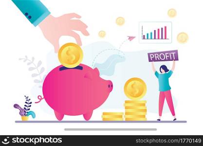 Businessman hand puts gold coin in pig piggy bank. Happy woman investor with big profit. Investing and accumulating funds. Profit from bank deposits. Maintaining, increasing capital. Vector illustration. Investing and accumulating funds. Profit from bank deposits. Maintaining, increasing capital.
