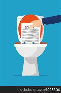 Businessman hand putting contract papers in toilet. Contract termination. Vector illustration in flat style. Businessman hand putting contract papers in toilet