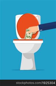 Businessman hand putting dollar bills in toilet. Losing money. Vector illustration in flat style. Businessman hand putting dollar bills in toilet.