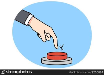 Businessman hand ready to press red warning button. Man employee hand activate business project or launch startup. Activation concept. Flat vector illustration.. Businessman hand ready to press warning button