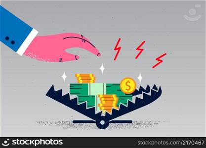Businessman hand take money from trap risk for easy earning. Man employee involved in risky business deal or offer. Doubtful startup or project. Flat vector illustration, cartoon character. . Businessman risk taking money from trap