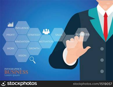 Businessman hand touching button key to success with new modern computer and business strategy as conceptual vector illustration.