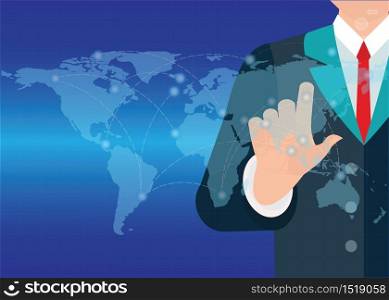 Businessman hand touching button world map with new modern computer, conceptual vector illustration.