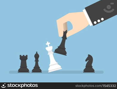 Businessman hand use black queen checkmate the white king, business strategy, eliminate rival concept