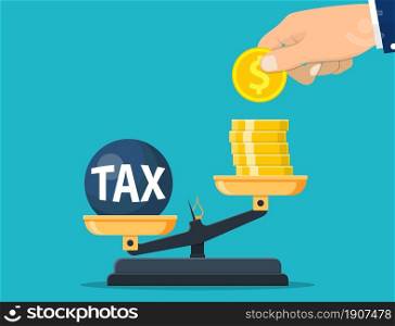Businessman hand use coins. Scales imbalance with metal tax weight ball and cash money. Tax burden concept. Debt, fee, crisis and bankruptcy. Vector illustration in flat style. Scales balancing with tax weight ball and cash