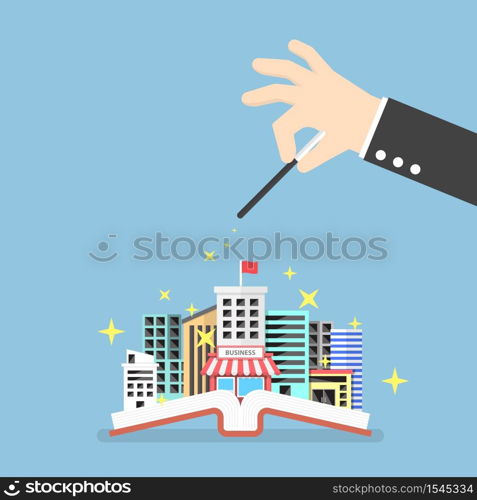 Businessman hand use magical to build city from opened book, creativity, education knowledge concept, VECTOR, EPS10