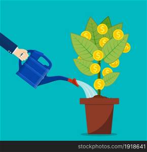 Businessman hand watering money tree. Money growth, investment, profit, financial management. Finance business concept. vector illustration in flat style. Businessman hand watering money tree