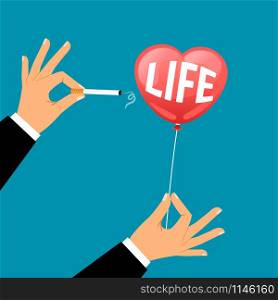 Businessman hand with a cigarette busts a balloon with the word life, vector illustration. Hand with cigarette busts life balloon